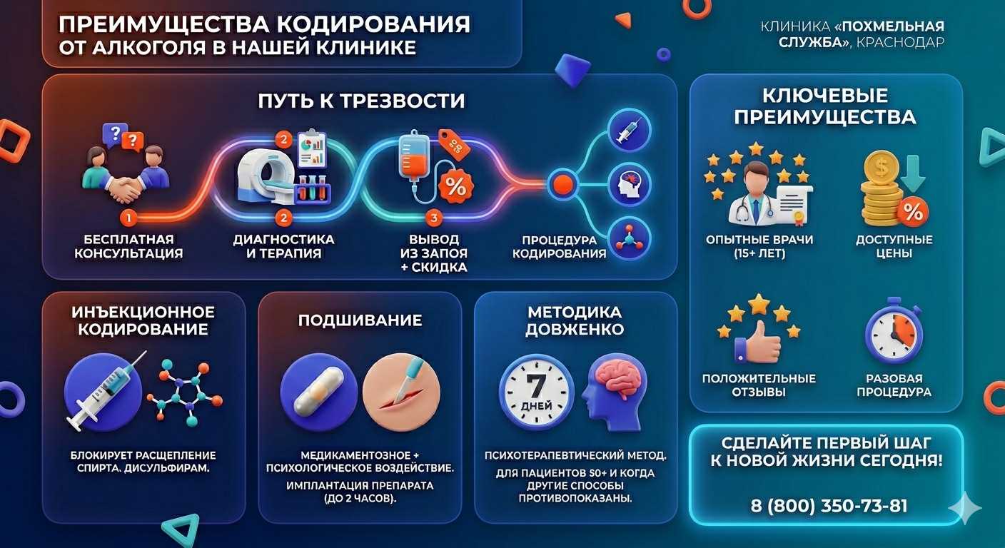 Инфографика о методах кодирования от алкоголя в Некрасовском: инъекции, подшивание, метод Довженко. Преимущества клиники и этапы лечения.